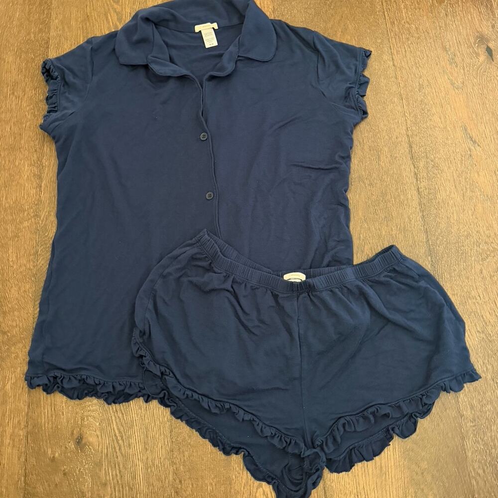 Eberjey Women’s Ruffled Shorts Pajama Pj Set Navy Blue Sz M